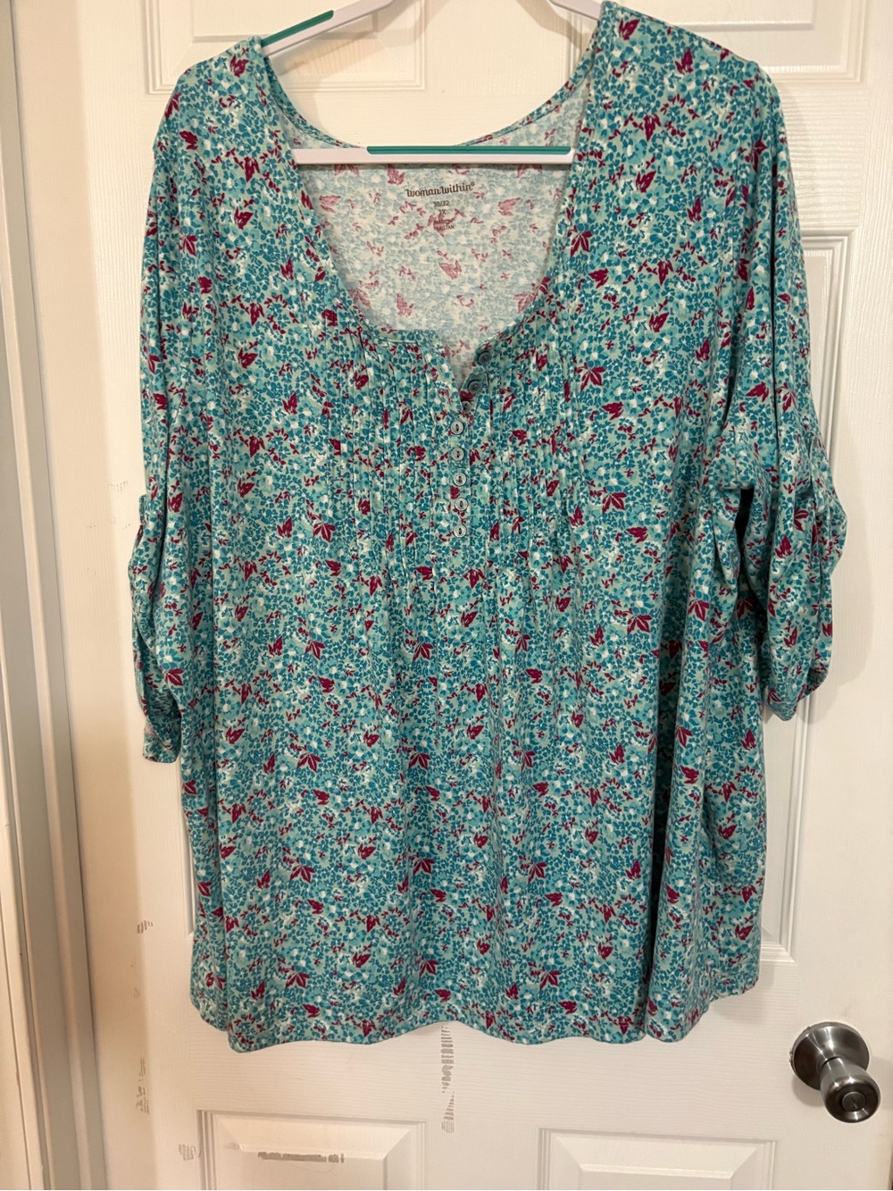 Woman Within 3x 30/32 aqua blue Pintuck tunic top v-neck 3/4 adjustable sleeves